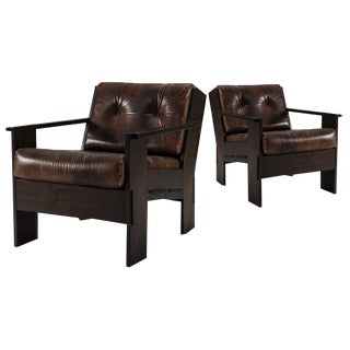 Set of Armchairs in Leather and Slavonian Oak by Giuseppe Rivadossi, Italy, 1960s For Sale