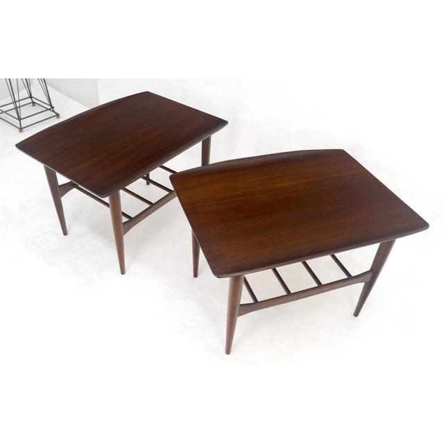 Pair American Mid Century Modern Walnut Rolled Edges End Side Tables MINT! For Sale - Image 10 of 13