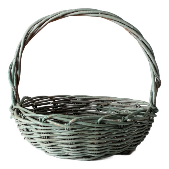 Vintage Green Painted Gathering Basket For Sale