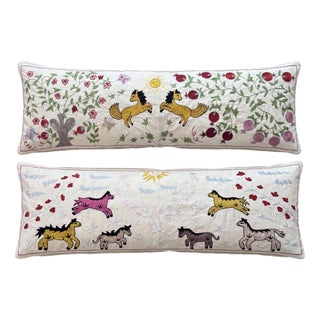 White Horse Suzani Lumbar Pillow Cover 18'' X 54'' - Set of Two For Sale