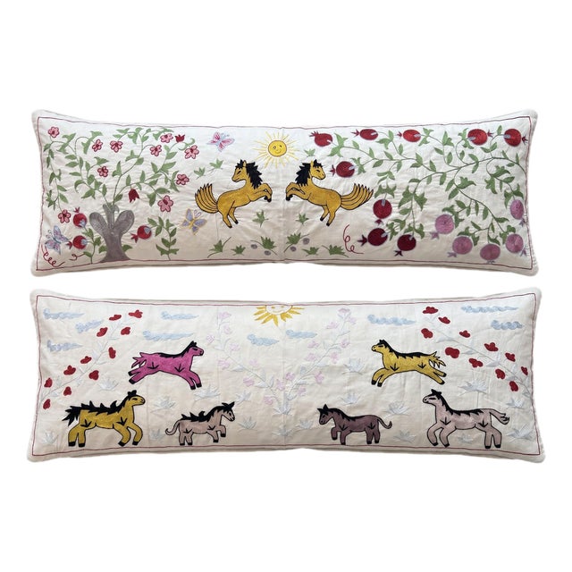 White Horse Suzani Lumbar Pillow Cover 18'' X 54'' - Set of Two For Sale