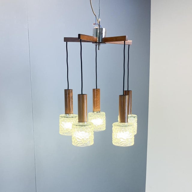 5-Light Cascade Lamp in Rosewood and Chrome with Textured Glass Shades, 1960s For Sale - Image 12 of 12