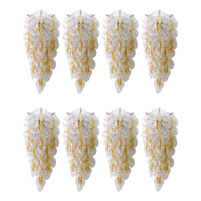 Mid-Century Modern Italian Murano Leaf Glass Wall Sconces from Mazzega, 1970s, Set of 8 For Sale