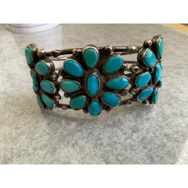 Rustic Southwestern Turquoise and Silver Cuff Bracelet Signed W C For Sale - Image 3 of 7