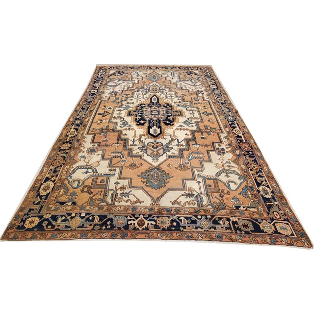 Antique Persian Serapi Carpet, Geometric, Ivory Hand Knotted Wool Oriental Rug For Sale - Image 17 of 18