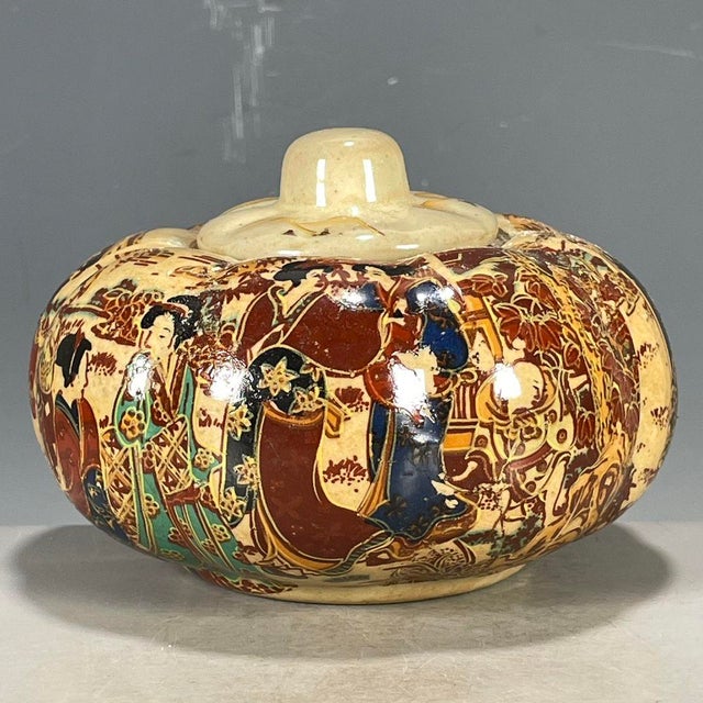 1950s Antique Japanese Satsuma Lidded Jar With Hand-Painted Figural Scenes For Sale - Image 5 of 9