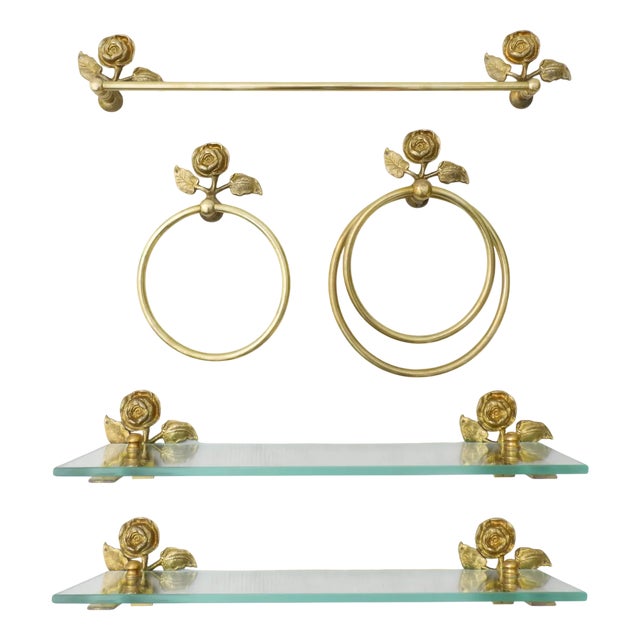 French Rose Flower Bathroom Accessories in Bronze and Brass, 1950s, Set of 5 For Sale