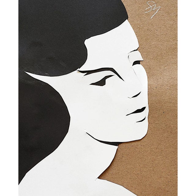 Original, unique artwork, a glamorous, fashion-inspired portrait in cut-paper collage. Created in layered shapes of white,...
