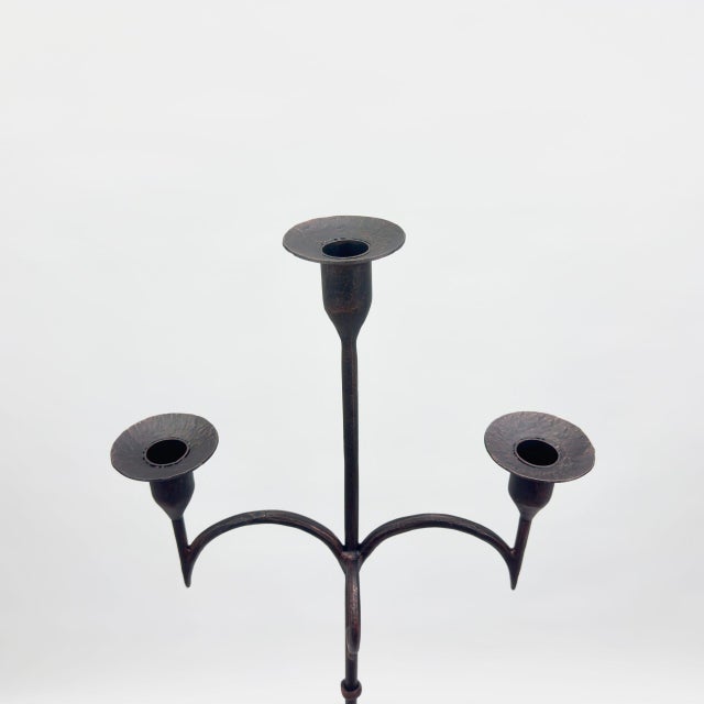 Rustic Hand Forged Iron Floor Candelabra 49″ (125cm) Antique Copper Patina 3-Arm Knot Detail Rustic Wedding Decor For Sale - Image 3 of 6