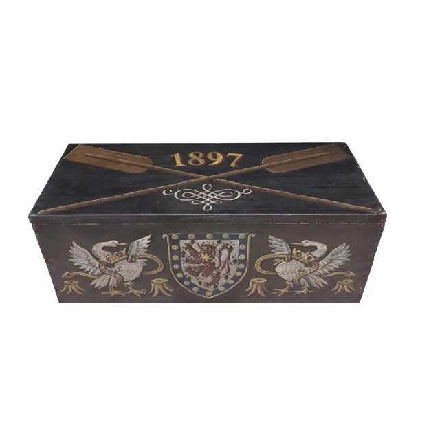 Monumental 1897 Continental Painted Heraldic Chest With Crossed Oars For Sale - Image 4 of 5
