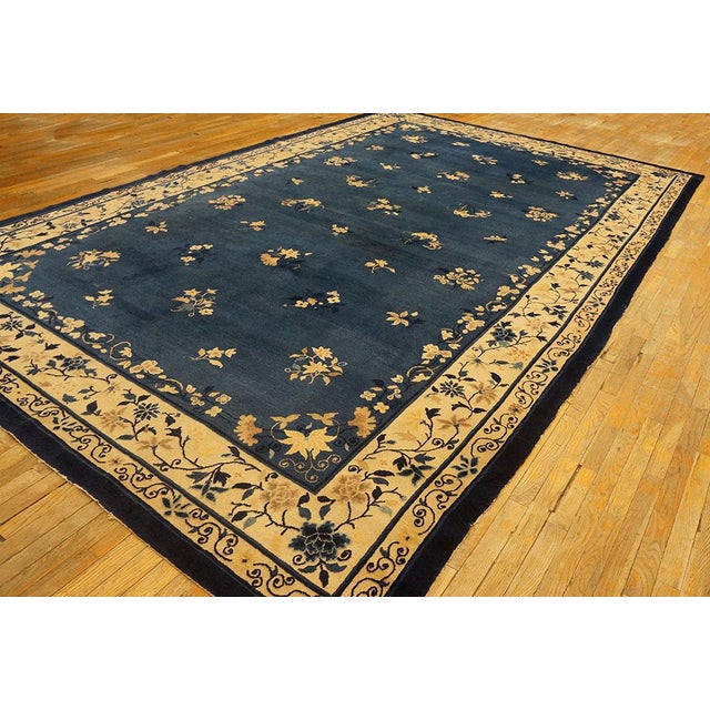 Textile 1900s Blue Traditional Floral Deco Antique Peking Chinese Knotted Wool Rug For Sale - Image 7 of 10