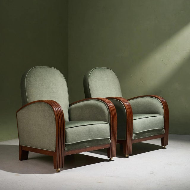 Art Deco Lounge Chairs in Sage Upholstery with Oak Frames, Netherlands, Set of 2 For Sale - Image 4 of 9