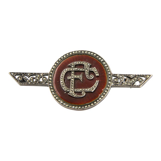 Art Deco Enamel Marcasite Initial Brooch For Sale