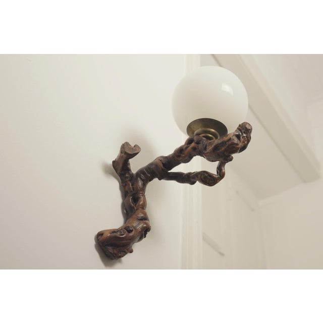 Vintage Organic Brutalist Vine Root Wall Lamp with Opaline Globe, 1960s For Sale - Image 6 of 18