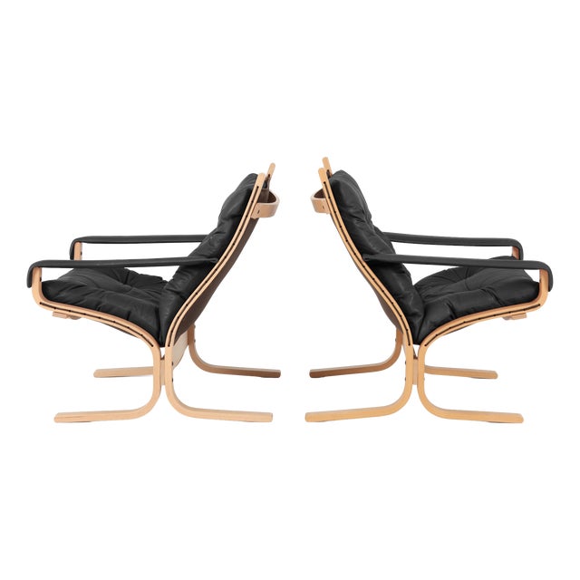 Vintage Siesta Chairs in Black Leather and Plywood by Ingmar Relling for Westnofa, 1960s, Set of 2 For Sale