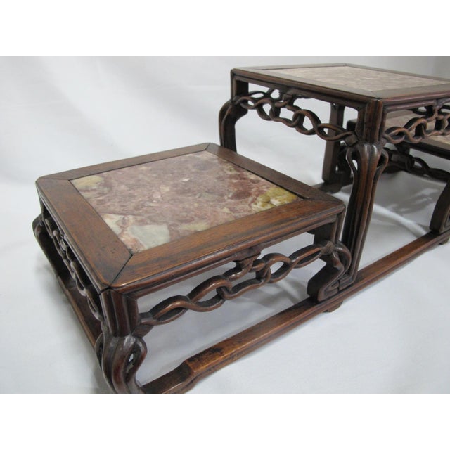 Wood Antique Chinese Marble Inset Carved Wood 3 Step Tier Scholar Display Stand For Sale - Image 7 of 14