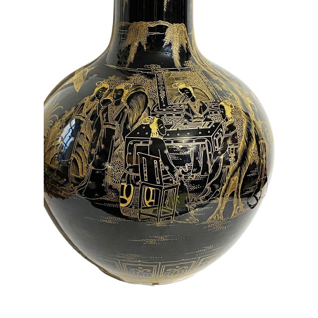 Vintage Large Chinoiserie Onion Shape Famille Noire Vase 19.25" H For Sale - Image 9 of 12
