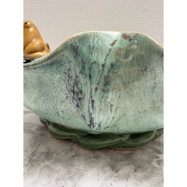 Ceramic Large Vintage Aqua Glazed Pottery Scalloped Frog Bowl For Sale - Image 7 of 11