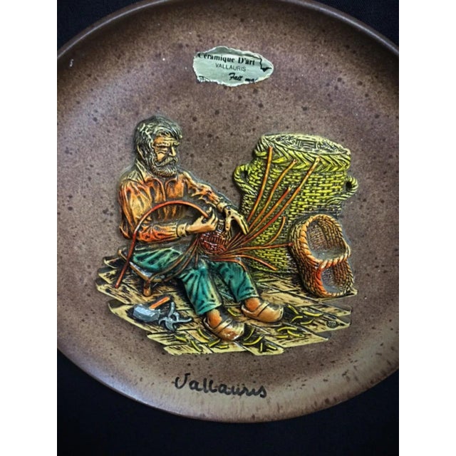 Brown Vintage Vallauris Ceramic Plate With "Weaver" Bas-Relief For Sale - Image 8 of 9