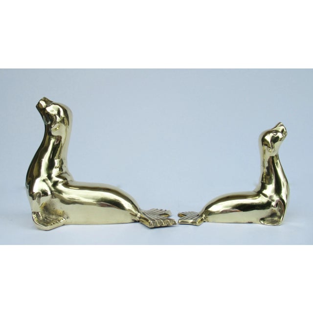 Vintage C.1960's Polished Brass Pair of Seals, Decorative Accents, And/Or Bookends -2 Pieces For Sale - Image 4 of 12