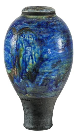 Studio Ceramic Vase with Cobalt Blue Glaze and Tapered Foot