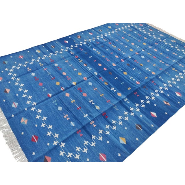 Mid-Century Modern Handmade Cotton Shooting Star Rug, Blue Multi 9'x12' For Sale - Image 3 of 11