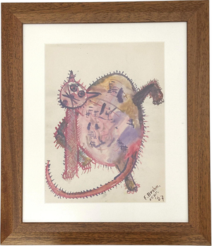 Expressive Cat, 1967, Watercolour on Paper, Framed