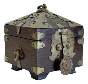 Vintage Asian Brass Clad Wood Trinket Box