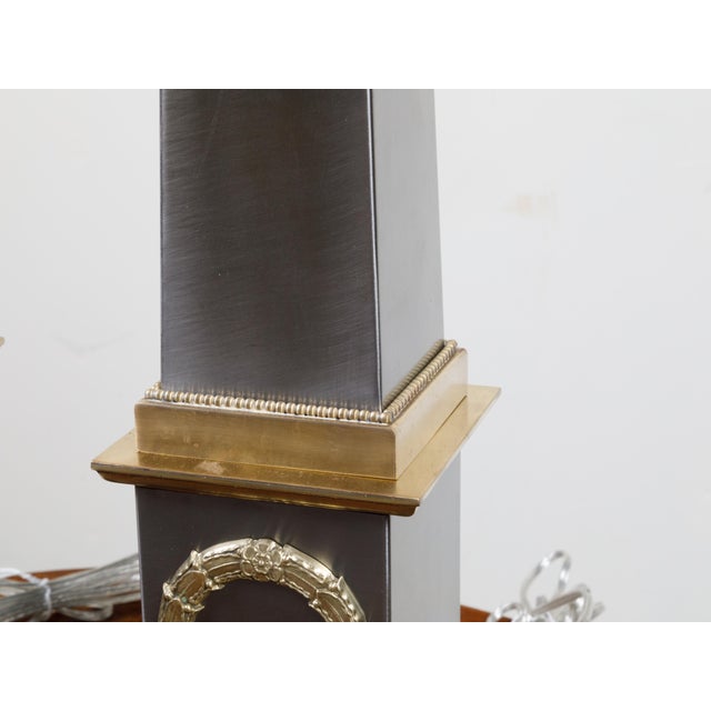 Mid 20th Century Pair of French Midcentury Steel and Brass Truncated Obelisk Table Lamps For Sale - Image 5 of 10