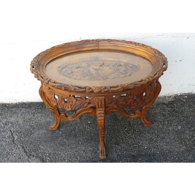 Heavy Hand Carved Cherub Coffee Table With Glass Top Serving Tray For Sale - Image 13 of 13
