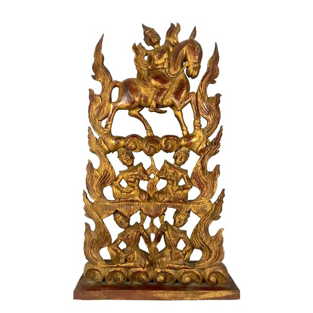 The Aspara & Her Musicians, Massive Free Standing Thai Red Gold Carved Wooden Sculpture For Sale - Image 4 of 12