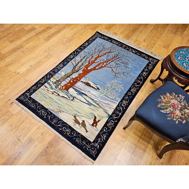 Textile Vintage Persian Tabriz Pictorial Rug, Hand-Knotted Wool, Winter Forest Scene, Blue & Ivory, 4x6 For Sale - Image 7 of 16