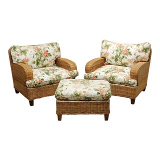 Walters Wicker Custom Lounge Chairs with Ottoman - Set of 3 For Sale