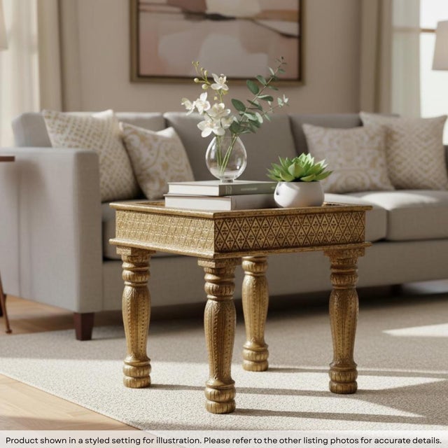 Dimensions: 17"W X 17"D X 17"H This Vintage Brass Foil Cladded Solid Wood 17" Square End Table is a distinctive and ornate...
