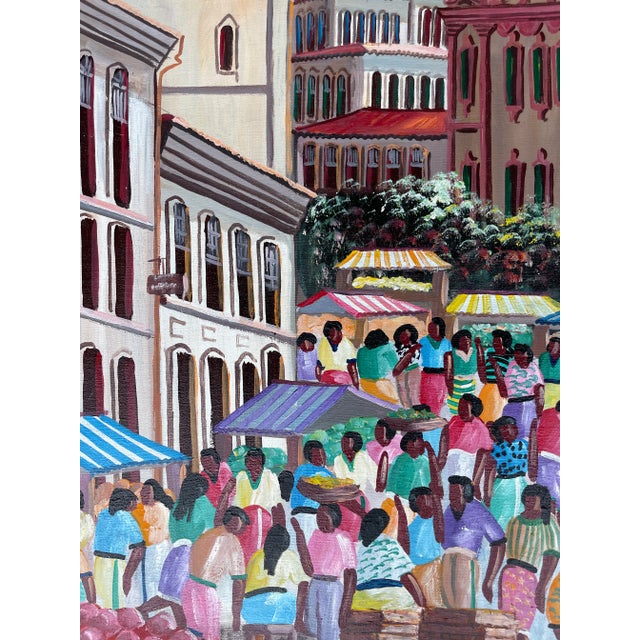 Blue Large South American City Square Market Scene Painting Signed Silva & Dated 92 For Sale - Image 8 of 11