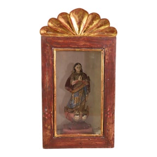 Antique Italian Polychrome Santos Figure in Red & Gold Reliquary For Sale