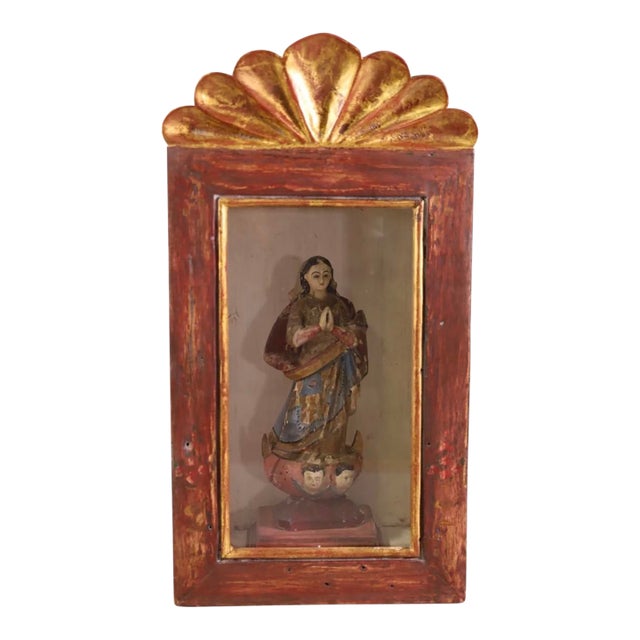 Antique Italian Polychrome Santos Figure in Red & Gold Reliquary For Sale