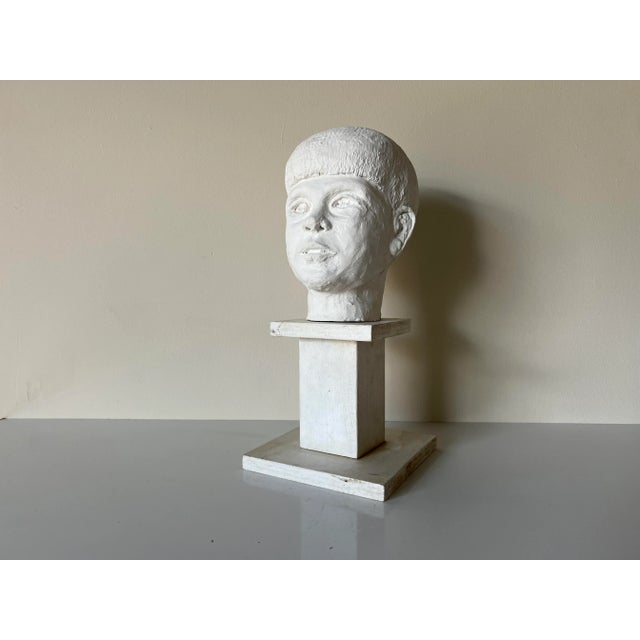 Vintage White Painted Terracotta Boy Bust Sculpture on Wood Stand For Sale - Image 13 of 13