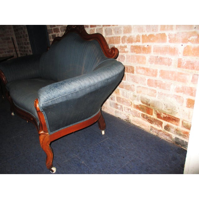 Victorian Late 19th Century Antique Victorian Ornate Heavily Carved Walnut Loveseat For Sale - Image 3 of 16