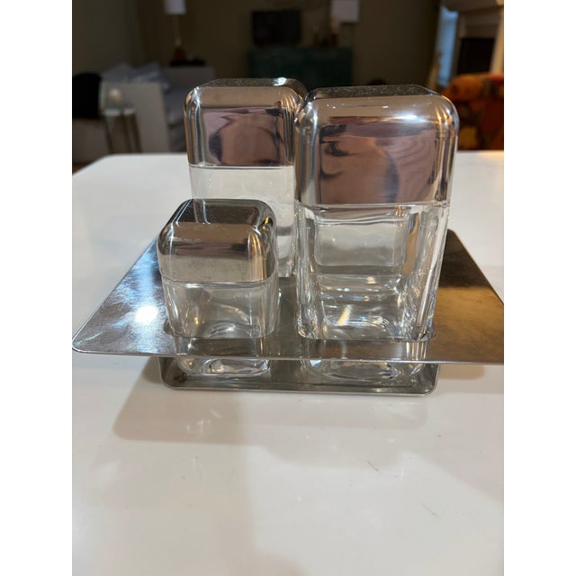 Metal 1970s Mid Century Modern Italian Musi Stainless Steel & Glass 4-Piece Condiment Set - 5ps For Sale - Image 7 of 11