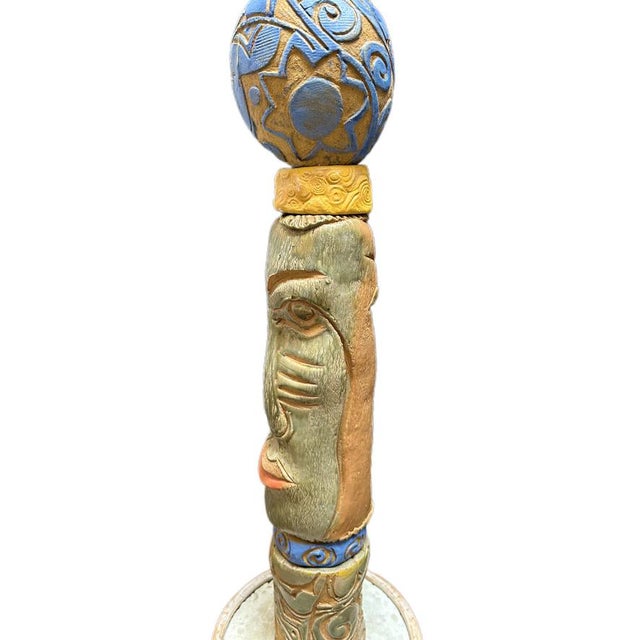 Contemporary Marc Zimmerman "Long Face Totem Sculpture 2" Glazed Ceramic, 62 Inches Tall, Elongated Face and Bird, Multi-Color Glaze, Contemporary Art West Coast For Sale - Image 3 of 6