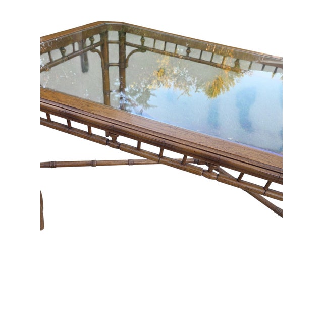 Wood Petite Thomasville Vintage Faux Bamboo Glass Top Dining Table Hollywood Regency For Sale - Image 7 of 18