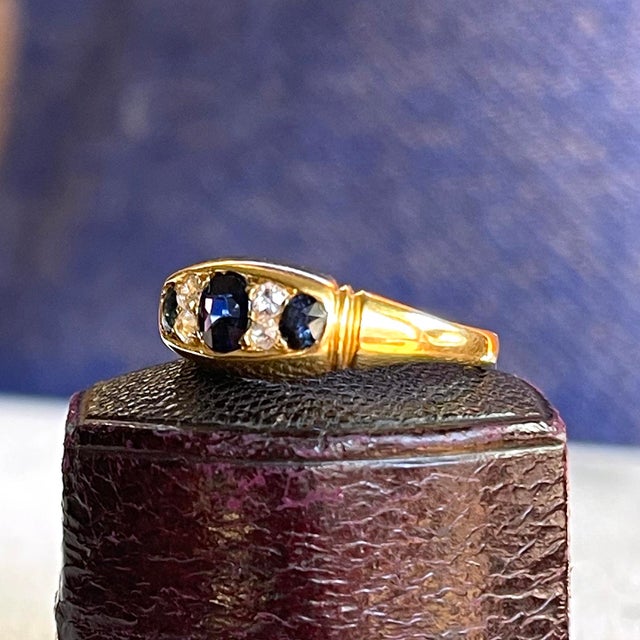 Blue Circa 1890 Victorian 18k Gold Sapphire and Diamond Boat Ring For Sale - Image 8 of 12