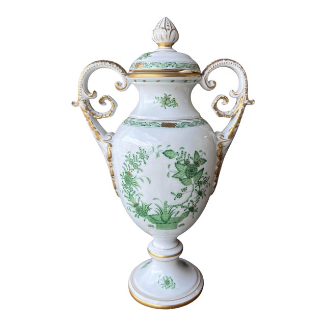 Large Herend Hungarian Porcelain Chinese Bouquet Urn - 14.5” Green For Sale