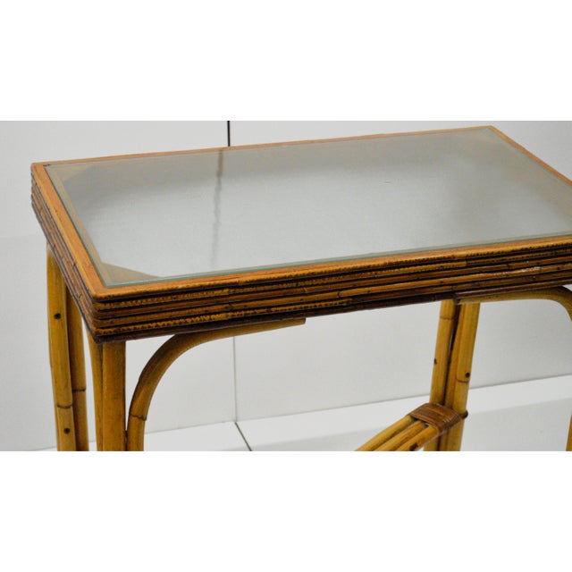 1950s Bamboo Bentwood Rattan Strand Glass Top X Base Console Accent Table For Sale - Image 4 of 11