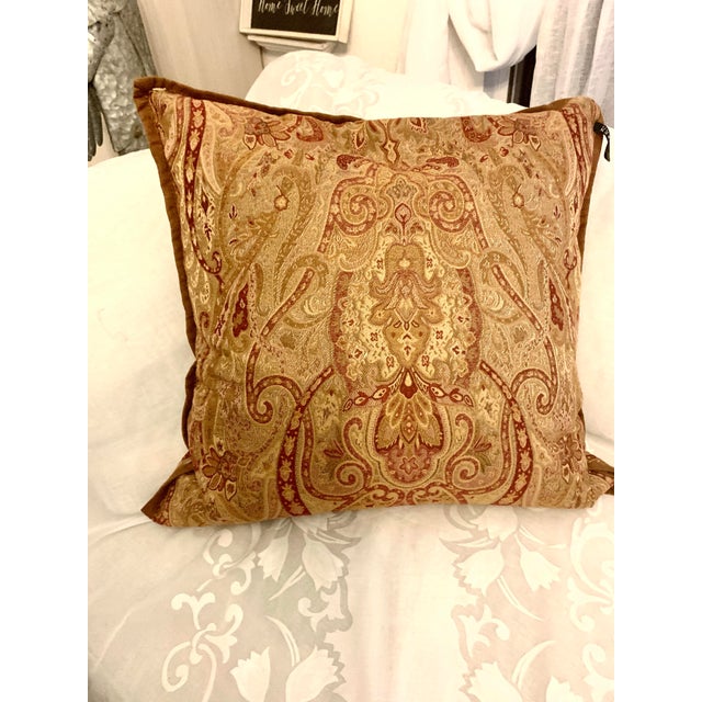 1990s Lauren Ralph Lauren Dalmency Hall Gold Burgundy Sage Green, Suede Trim Medallion Paisley Decorative Pillow 24” X 24” For Sale - Image 5 of 12