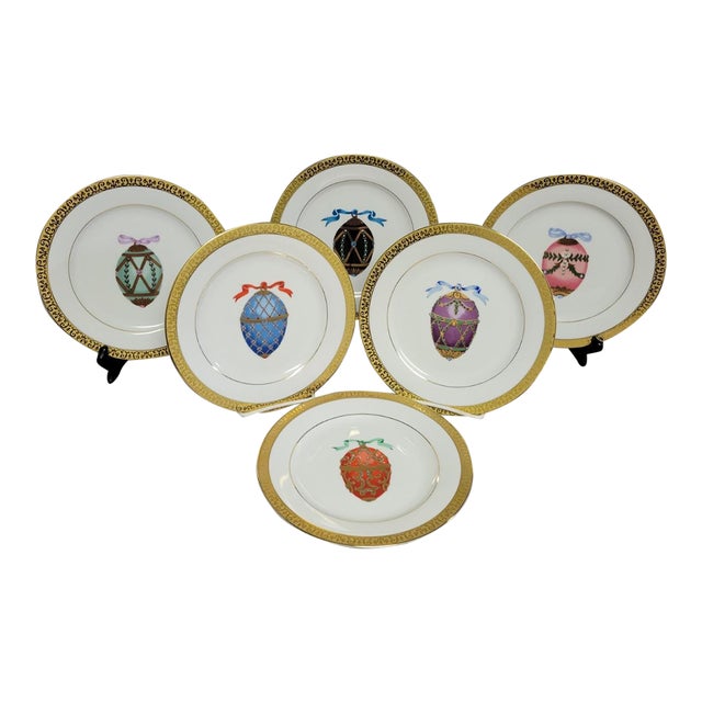 Christmas Gilded Porcelain Plates by Royal Gallery With Fabergé-Style Egg - Set of 6 For Sale