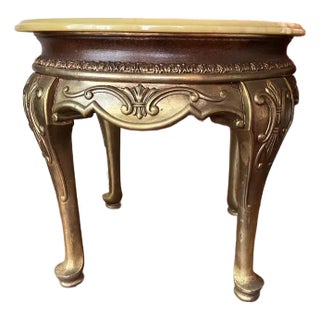 Vintage Hollywood Regency Round Onyx-Top Side Tables (2) | Gilt Carved Base | Mid-Century For Sale