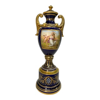 Antique Hand Painted Royal Vienna Porcelain Cobalt Gold Lidded Vase Mini Urn For Sale