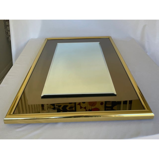 Mid-Century Modern 1970s Smoke Glass Rectangular Mirror With Brass Frame For Sale - Image 3 of 10